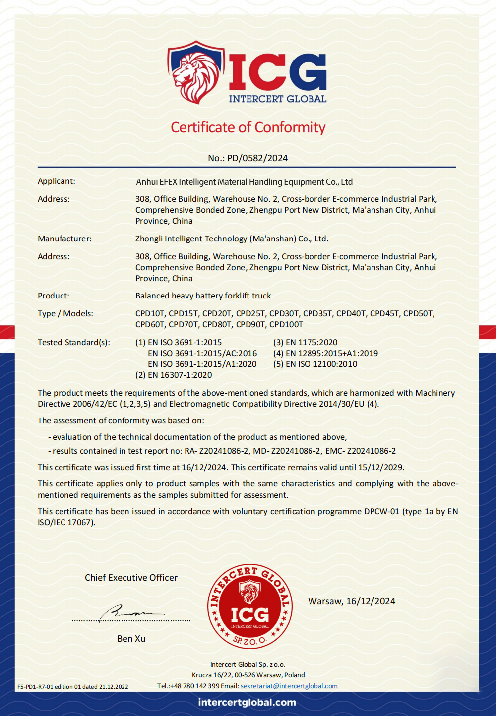 Electric forklift CE certificate