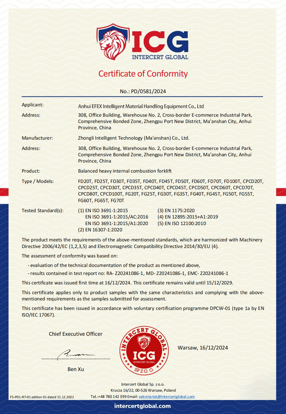 Diesel forklift CE certification